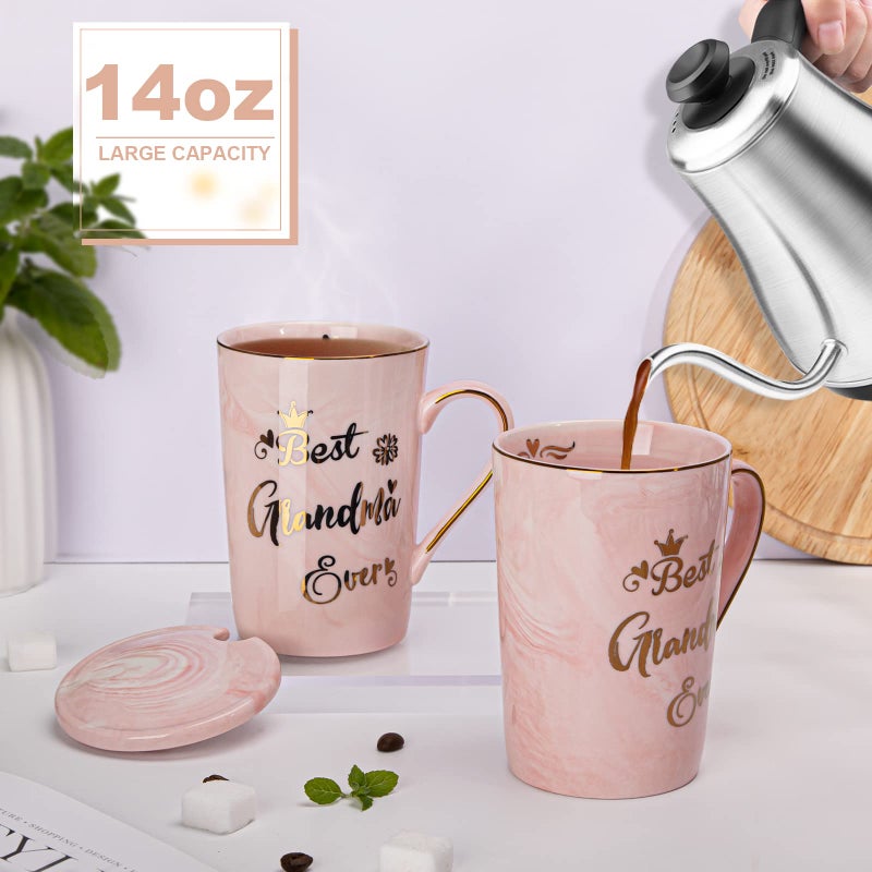 Doublewhale Gifts for Grandma - Best Grandma Ever Mug, Unique Christmas Birthday Gifts for New Grandmas from Granddaughter Grandson - 14Oz Pink Marble Ceramic Coffee Mugs Print with Gold - Lid Spoon Card, Box - Image 4